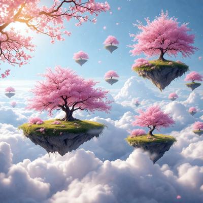 The primary subject of the image is a group of pink flowers floating in a cloudy sky. The setting is a cloudy sky, and the visual style is digital art. The dominant colors are pink and white, creating a serene and dreamy atmosphere.